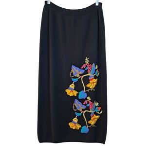 Vintage 80s BONNIE BOERER M Cotton Knit Tube Skirt Maxi Black Floral Embroidered